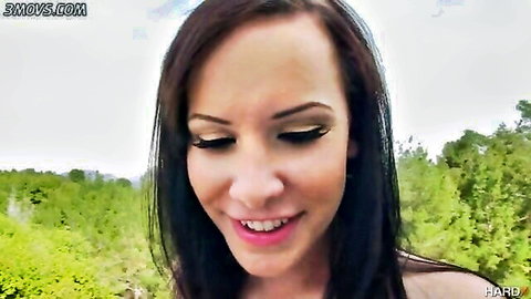 Katie St. Ives, gorgeous brunette posing in pantyhose outdoors