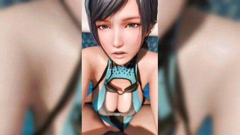 Busty anime girl with blue eyes in shiny blue swimsuit flaunting deep cleavage