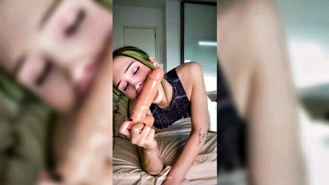 Eva Peaches as spider lady in trans costume deepthroating dildo with saliva