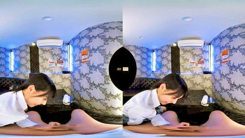 Asian woman in white shirt spreads legs for oral sex in VR POV