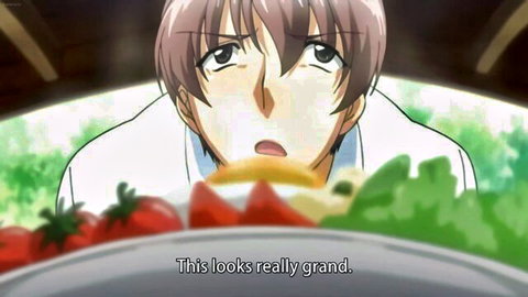 Anime guy with glasses stares surprised at grand burger with egg lettuce tomatoes.