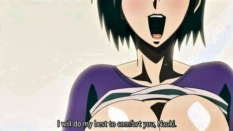 Hentai anime girl with short black hair in tight purple top, big cleavage, comforting Naki