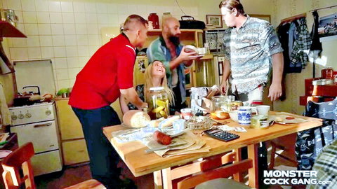 Husband shares blonde wife with monster cock gang in casual kitchen setup