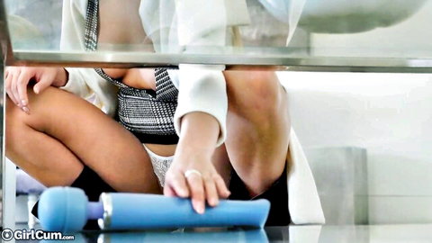 Skinny fair-skinned babe in open checkered blazer holds blue vibrator to her panty-covered pussy