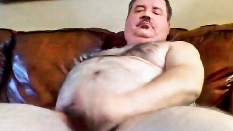 Hairy bearded dad masturbates solo on couch