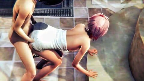 Pink-haired hentai girl bent over doggy style with panties aside getting fucked from behind in tiled spa