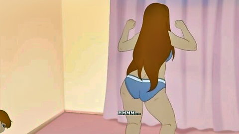 Cartoon brunette with long hair flexing arms in tight blue bikini bottoms showing off her round ass from behind