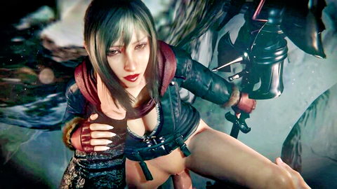Aranea in winter standing pose, open leather outfit exposing large tits and pussy