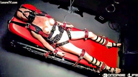 Bound slave with exposed tits strapped spread-eagle on red medical gurney gagged in harness