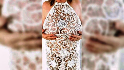 Granny Maria in sheer white lace dress, teasing with large breasts