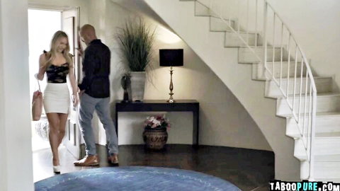 Blonde babysitter in short white skirt enters home with man