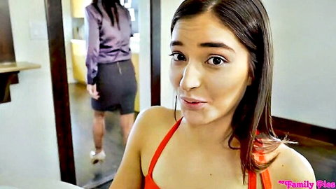 Emily Willis in red top surprised by step-sis in skirt, Family Pies