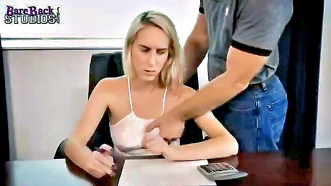 Blonde woman in white tank top touched by man from behind in dad-daughter taboo setup