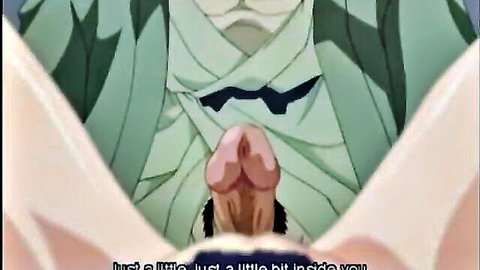 Hentai babe spreads legs in green lingerie as erect cock penetrates tight pussy just a little bit inside