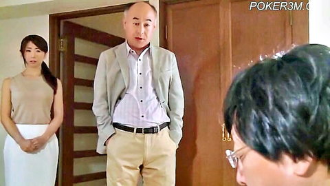 Bald Japanese DILF in suit confronts young Asian woman in tight tank top and skirt taboo scene