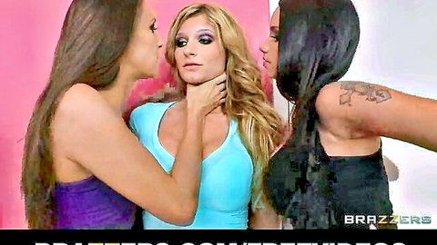 Two mean brunettes dominating blond bombshell roommate in steamy threesome
