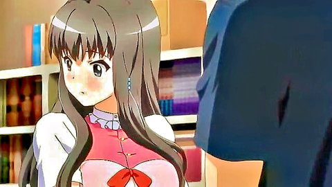 Cute anime hentai girl in pink school uniform blushing in library