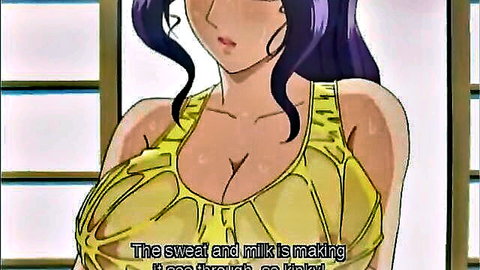Slutty anime babe with massive tits in yellow top, sweat and milk dripping