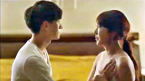 Korean couple in intimate embrace, woman in slip lingerie, passionate gaze 2015