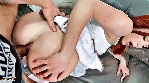 Redhead beauty in white dress assfucked by stepbro, deepthroat cumshot
