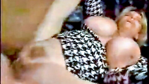Blonde mature mom with huge tits fucked by young man in patterned dress