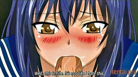 Blue-haired anime schoolgirl performing blowjob with cumshot in uncensored hentai