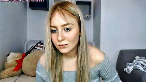 Blonde teen in off-shoulder sweater, webcam tease for brother blowjob fantasy