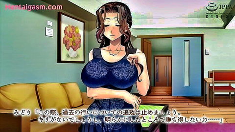 Anime MILF with big tits in blue dress, seductive pose
