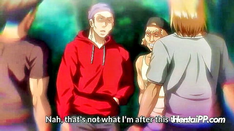 Hentai redhead babe with big boobs in casual anime group scene