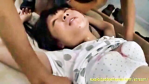 Petite Asian JAV teen ambushed, rough deep throat gagging sex scene