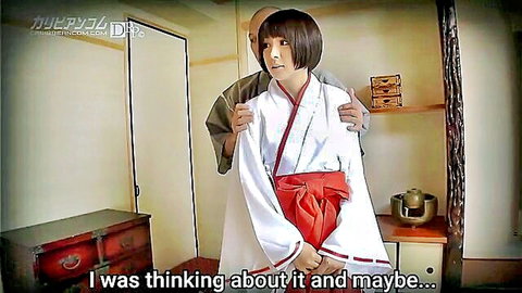 Japanese wife in kimono hesitates as man grips her shoulders in feudal JAV scene