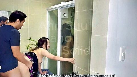Asian step sister topless in steamy shower, risky bathroom fingering by brother