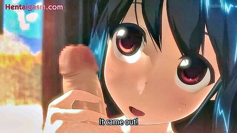 3D hentai girl with blue hair surprised by handjob cumshot