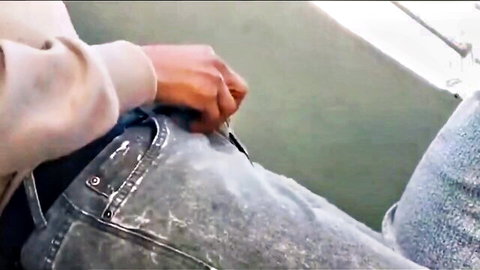 Ebony hand fingers pussy inside open fly of gray jeans in public tease