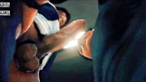 Muscular black hunk's erect cock stroked in gay handjob scene from His Favourite Hunk EP 4