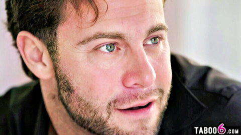 Handsome bearded Caucasian man in black shirt, intense gaze for taboo babysitter adult video