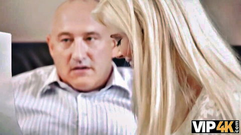 Platinum blonde seducing rich bald man for money exchange