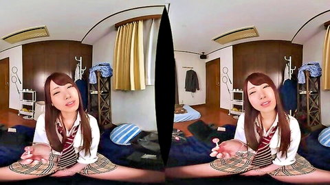 Japanese schoolgirl in VR POV uniform with legs spread smiling
