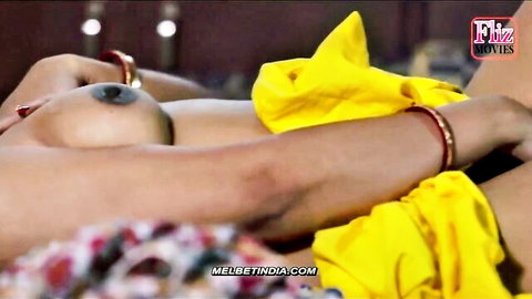 Indian MILF's huge bare tits with erect nipple groped by hand in yellow saree