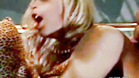 Blonde woman's open mouth dripping thick cum after messy blowjob facial
