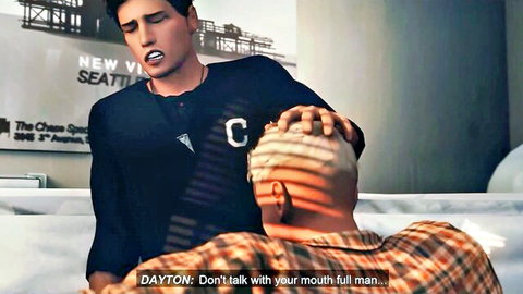 Dayton grabs man's head for oral in Sims 4 date scene, mouth full moment