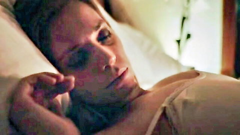 Jenny Paris in bed with cleavage, lesbian thriller from C.L.E.A.N. (2020)