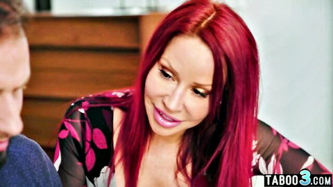 Redhead mature stepmom in floral top convincing stepson close-up
