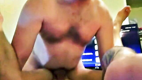 Hairy muscular daddy spreads legs exposing balls and cock in amateur gay POV sex