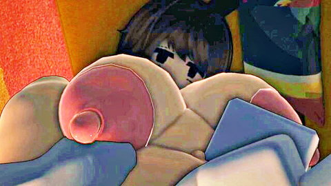 Busty anime cosplay girl with massive pink tits and erect nipples exposed spreading thighs on blue toy