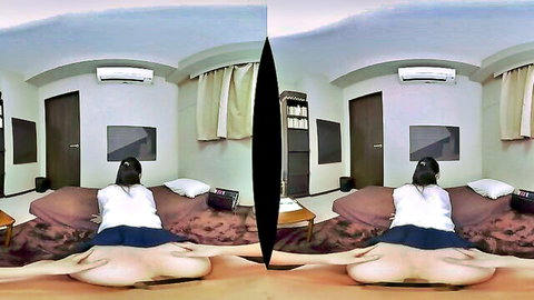 Japanese schoolgirl lifts skirt exposing bare ass and pussy in doggy POV VR