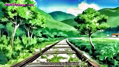 Black Widow hentai anime scene with train tracks and mountains, 'What are you, a little kid?' subtitle