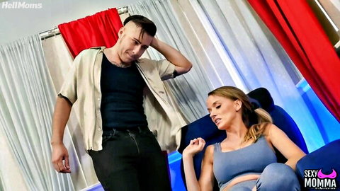 Pristine Edge skinny MILF in sensual clothed tease on sofa