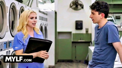 Blonde MILF Christie Stevens in nurse uniform talks to young stud in laundromat