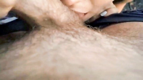 POV closeup of babe with white nails kissing hairy cock base and gripping thick shaft